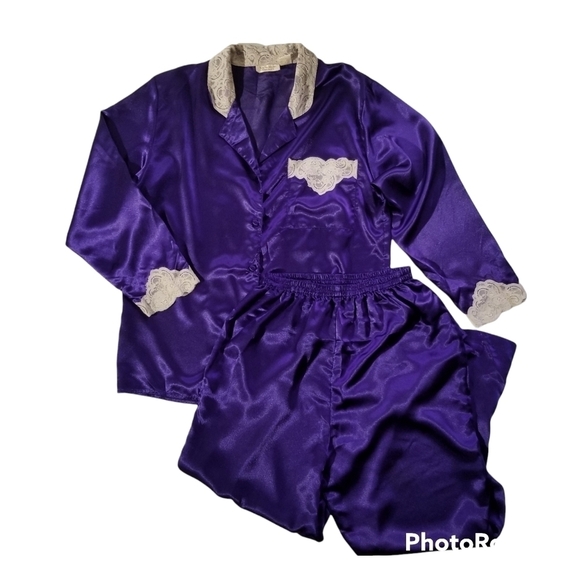 VICTORIA'S SECRET Vintage Gold Label Pajama Set Purple Satin Lace M - Picture 4 of 12